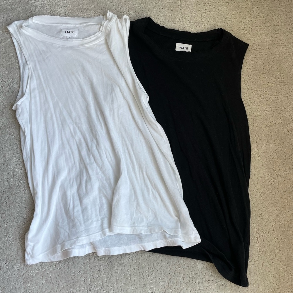 MATE White and Black Sleeveless Tops